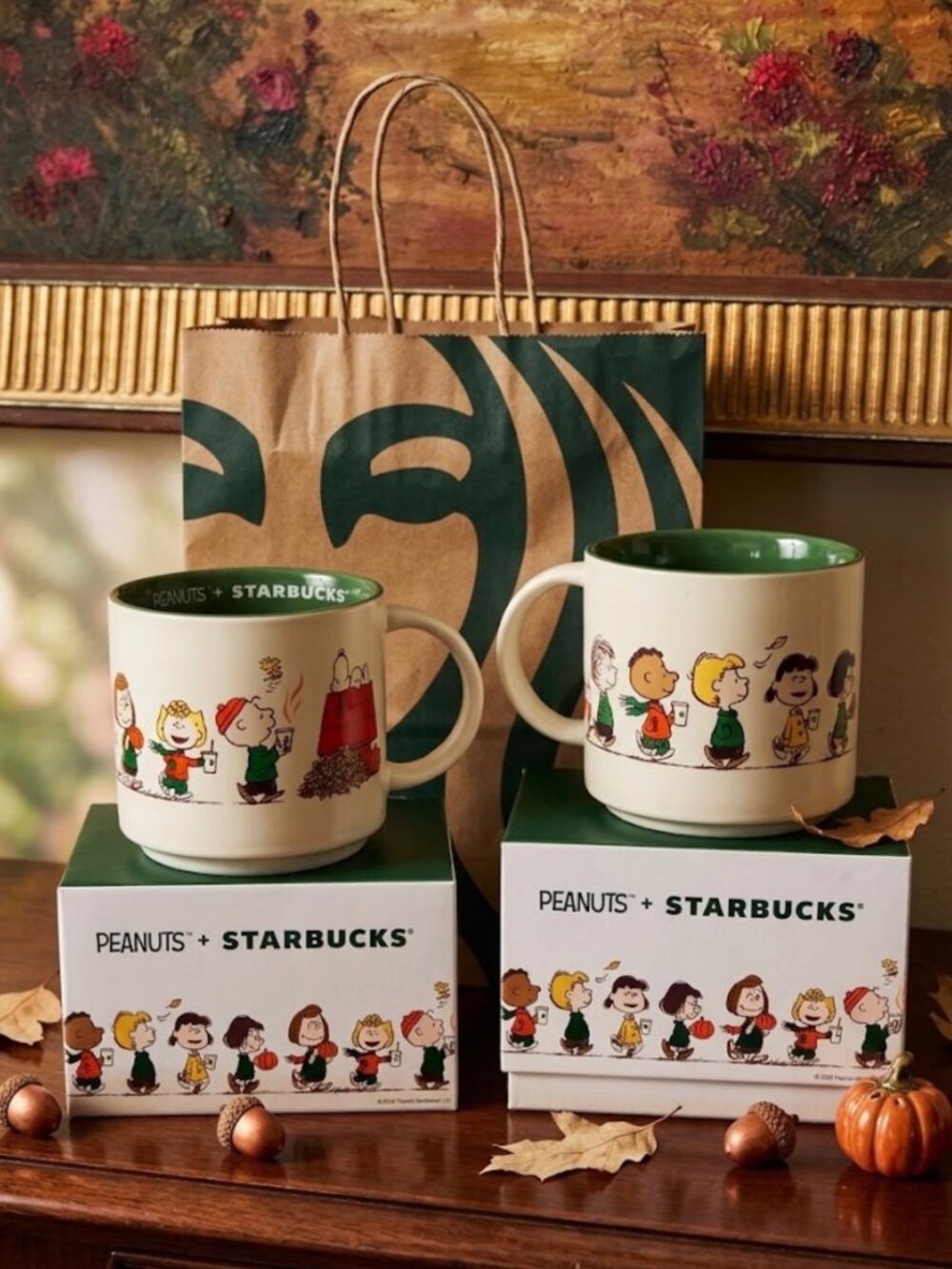 Peanuts + Starbucks Fall Collection Ceramic Mugs Set Of 2 14 Oz Each Snoopy & Fr
